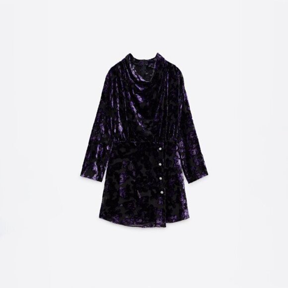 NWOT Zara purple & black velvet-like trim floral peek-a-boo sheer mini dress, S - Picture 6 of 14